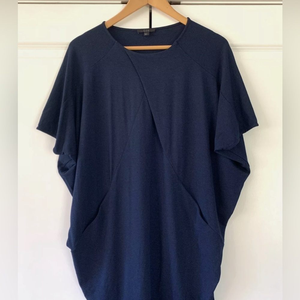 COS Dress Batwing Draped Round Neck Knit Navy Blue Short Sleeved Size XS